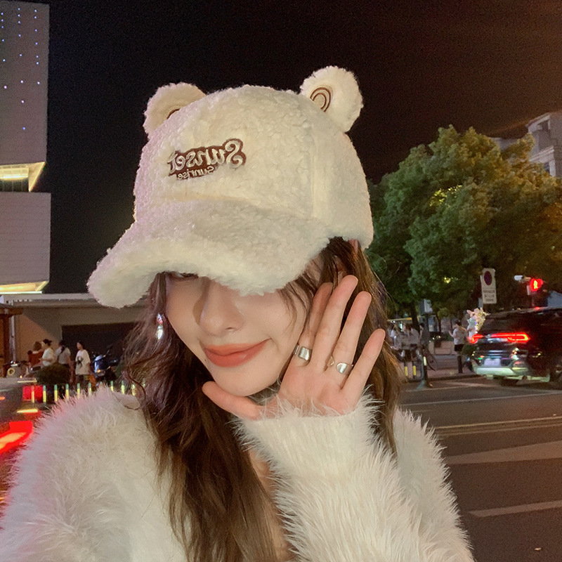 网红可爱小熊耳朵鸭舌帽女秋冬羊羔毛绒保暖百搭学生大头围棒球帽