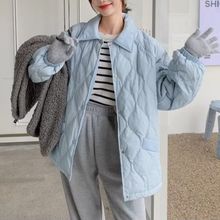 淡蓝色菱格轻薄棉服女冬季2023新款韩版宽松休闲短款棉服外套