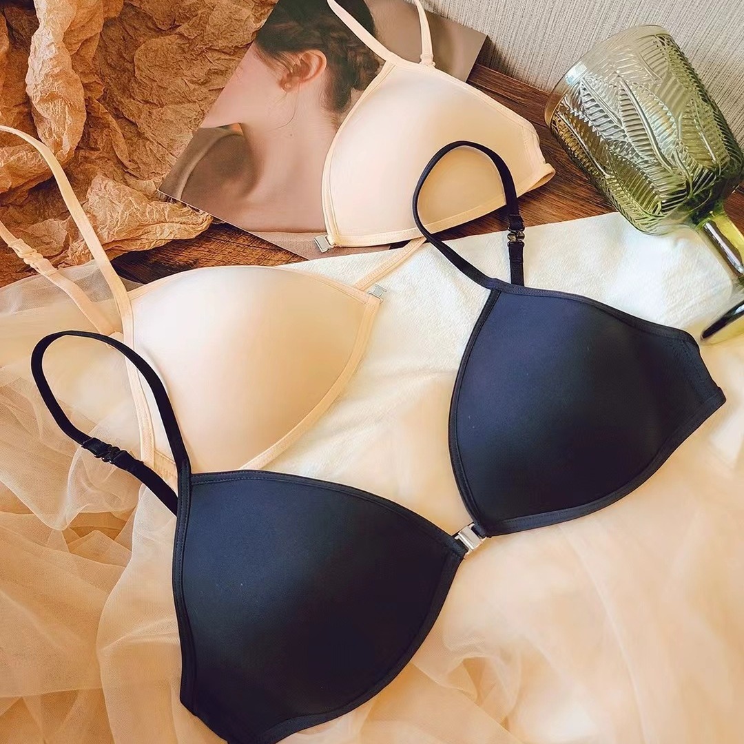 法式小胸无钢圈三角杯性感美背内衣薄款聚拢前扣学生文胸罩少女