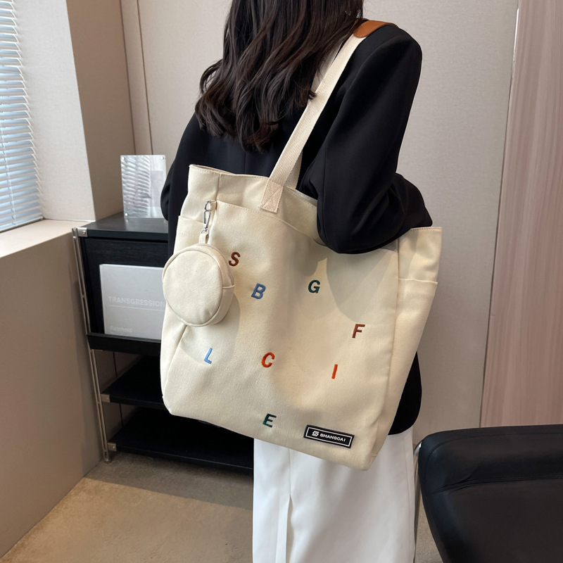 Korean Style 2023 Spring and Summer New Ins Letter Printing Large Capacity Canvas Bag Women's Simple Casual Shoulder Bag