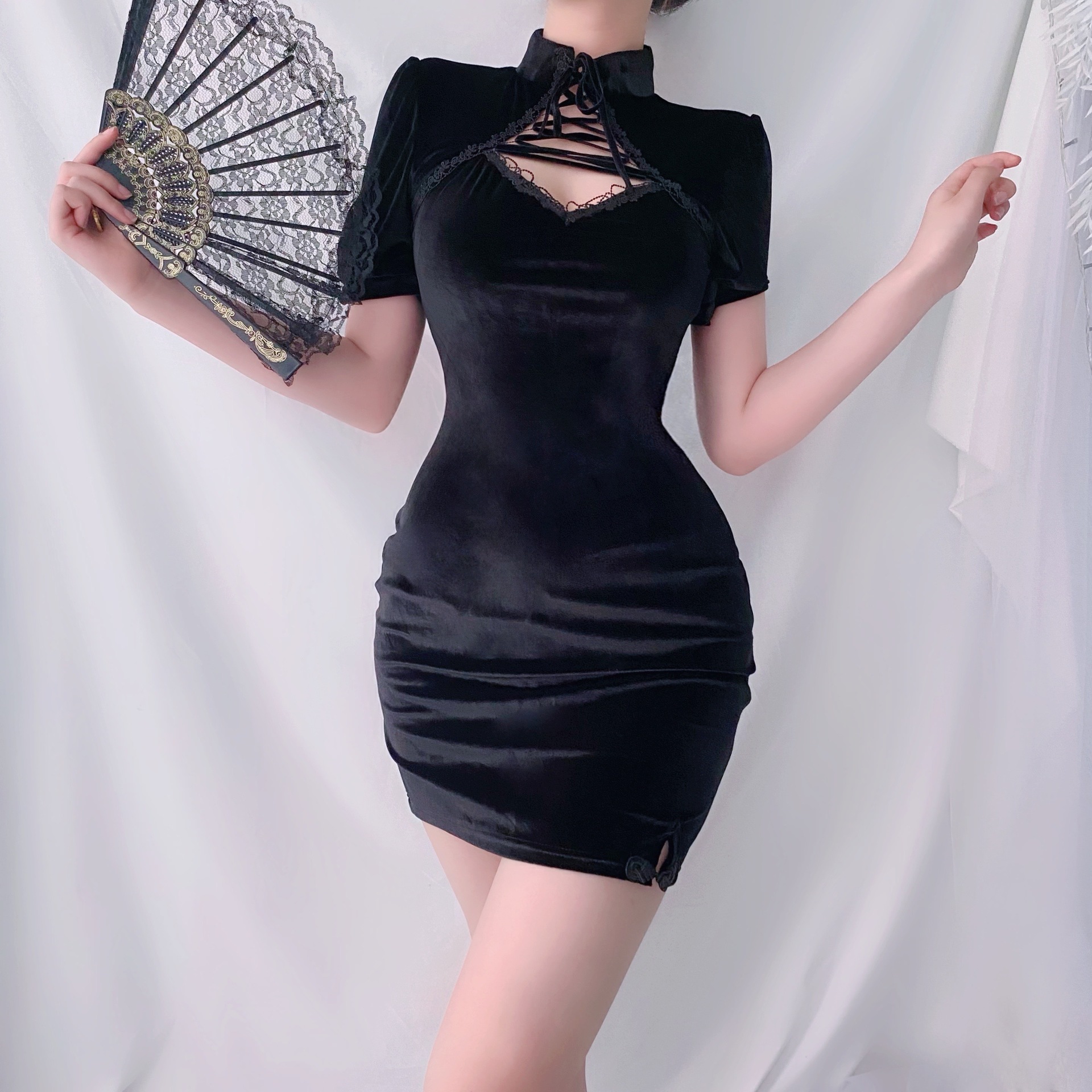 暗黑韩国绒改良旗袍半开叉连衣裙女镂空系带立领泡泡袖夏情趣内衣