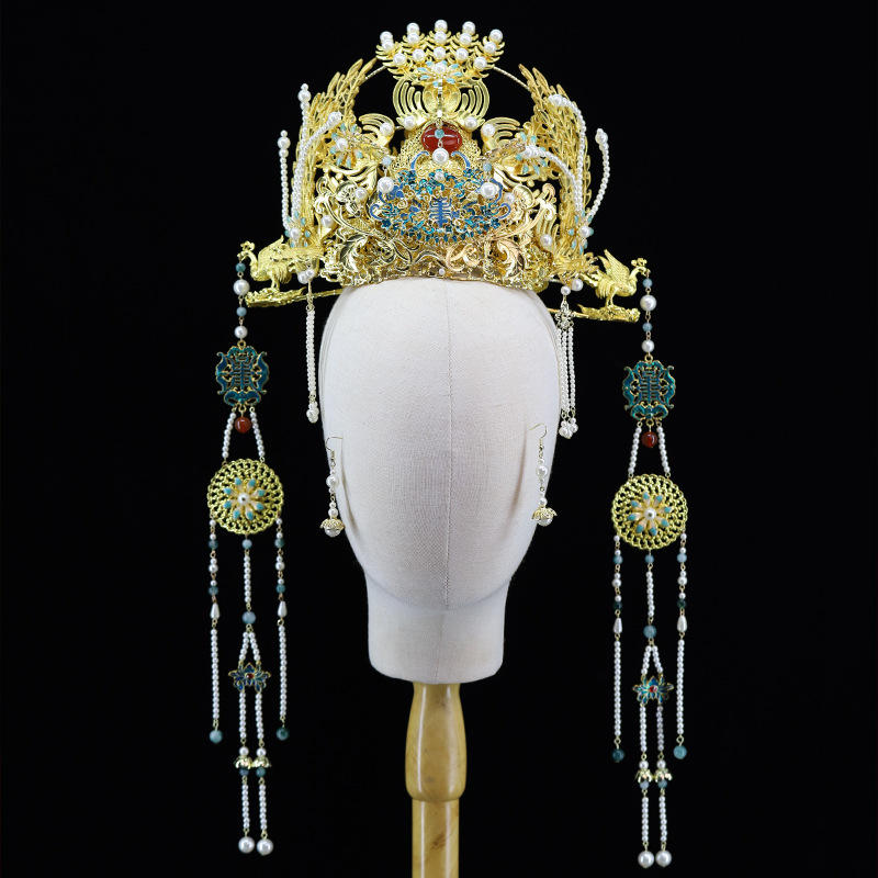 中式新娘凤冠霞帔头饰明制发饰汉服婚嫁发冠凤凰流苏挑牌奢华大气