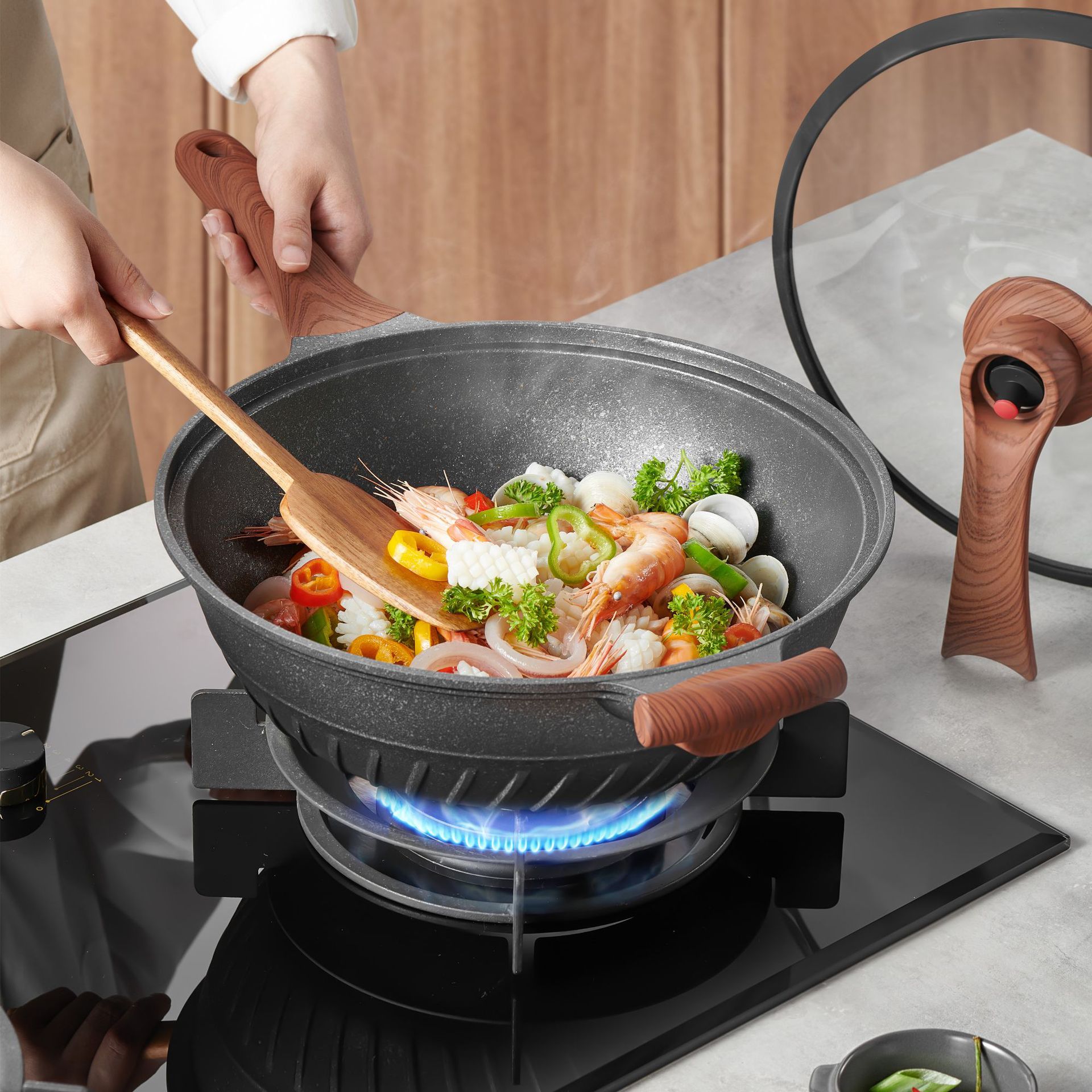 微压锅麦饭石不粘锅家用炒锅双用锅无烟平底炒菜燃气电磁炉通用