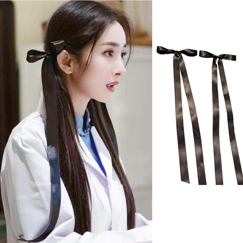 密室大逃脱杨幂同款双马尾长飘带发夹韩式夏季黑色jk蝴蝶结头饰女
