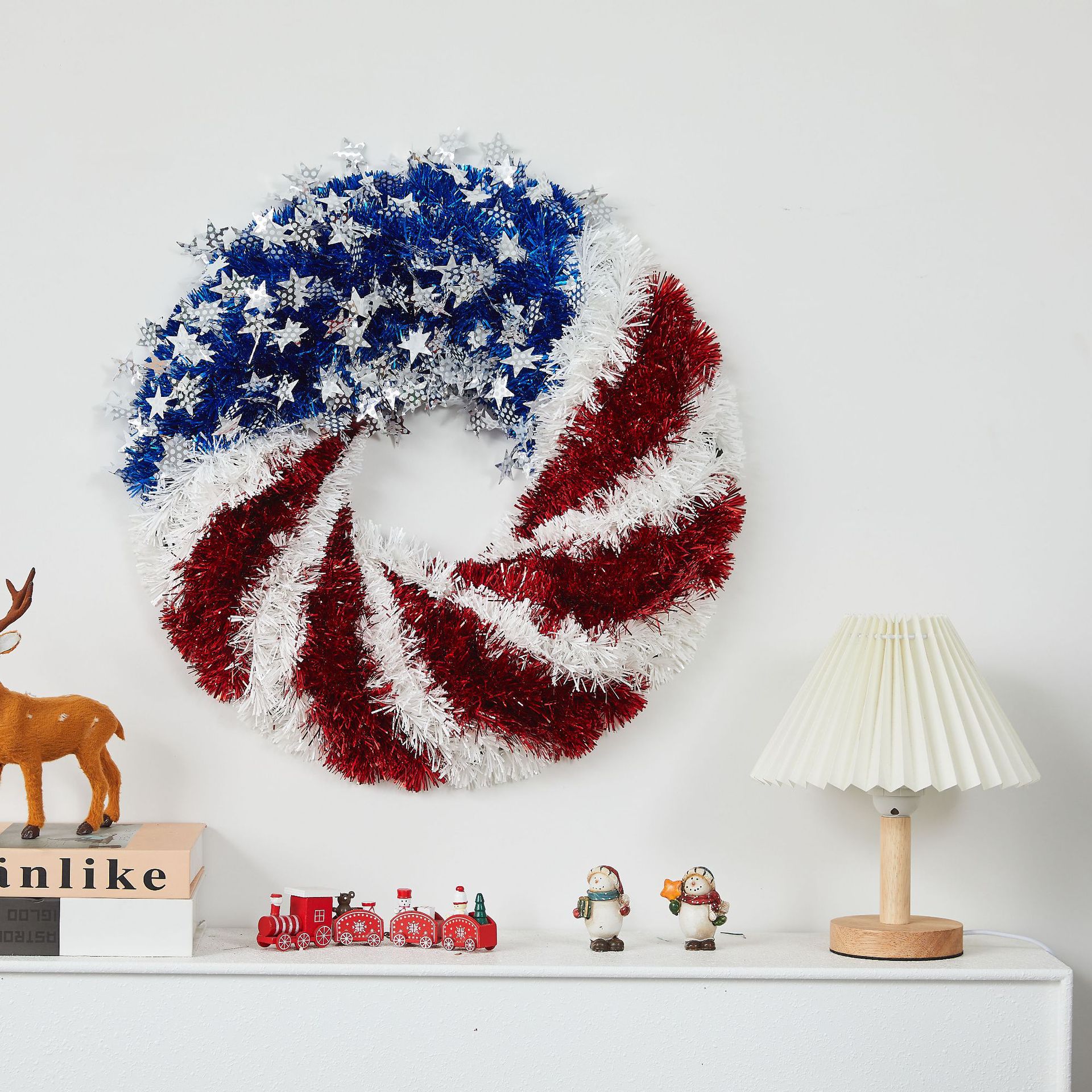 2024跨境爆款独立日花环藤条30/40/50cm圣诞节装饰花环摆件场景