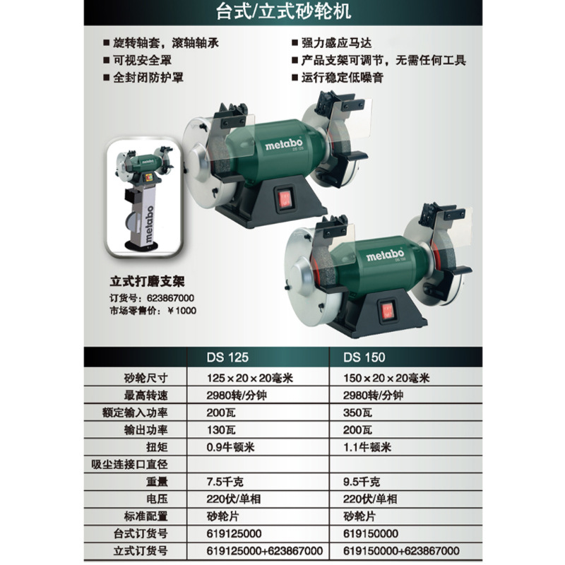 麦太保220v台式砂轮ds125/150/175/200磨刀机dsd200/250380v