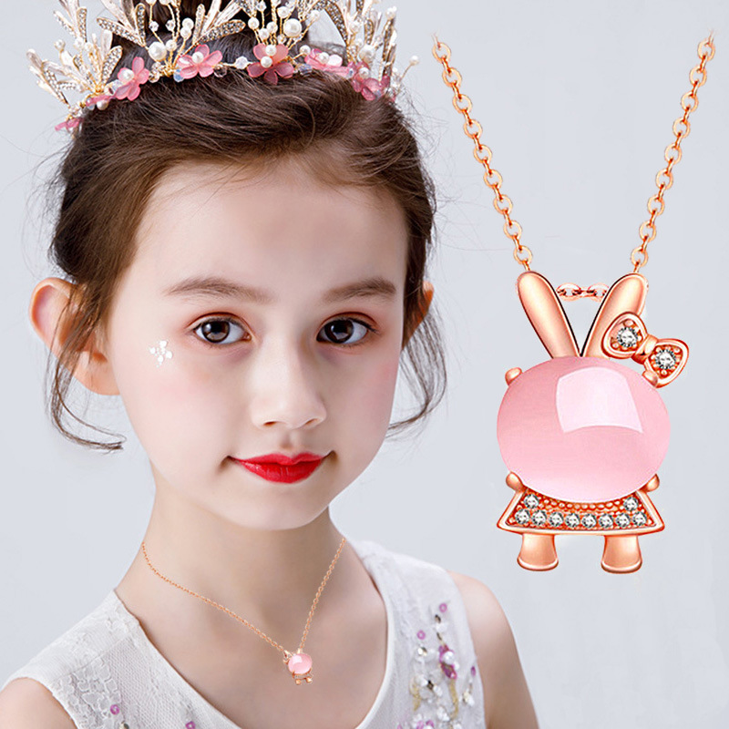 儿童项链女童银项链小兔子吊坠公主宝石配饰小女孩首饰毛衣链饰品