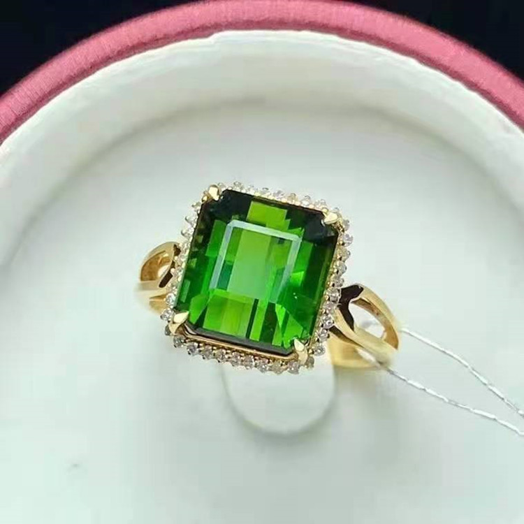 厂家批发 简约大方 高品质 18k金天然电光绿碧玺戒指男士 配证书-报价