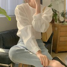 韩国2024春秋季雪纺长袖上衣法式泡泡袖圆领白色衬衫女