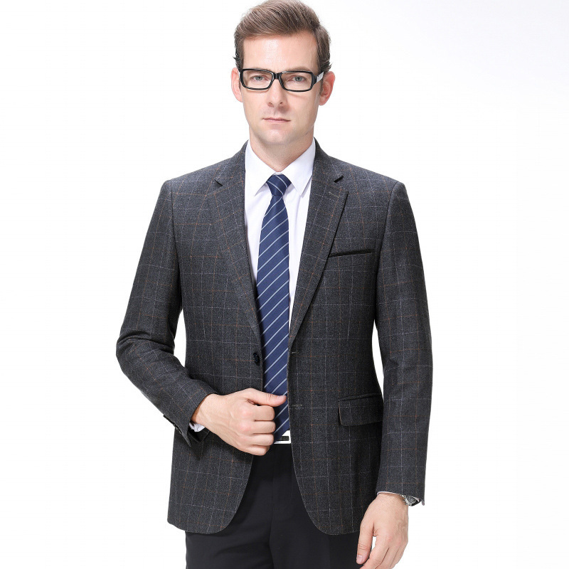 羊毛单西中年商务格子休闲秋季西装上衣单件外套男中老年男士西服