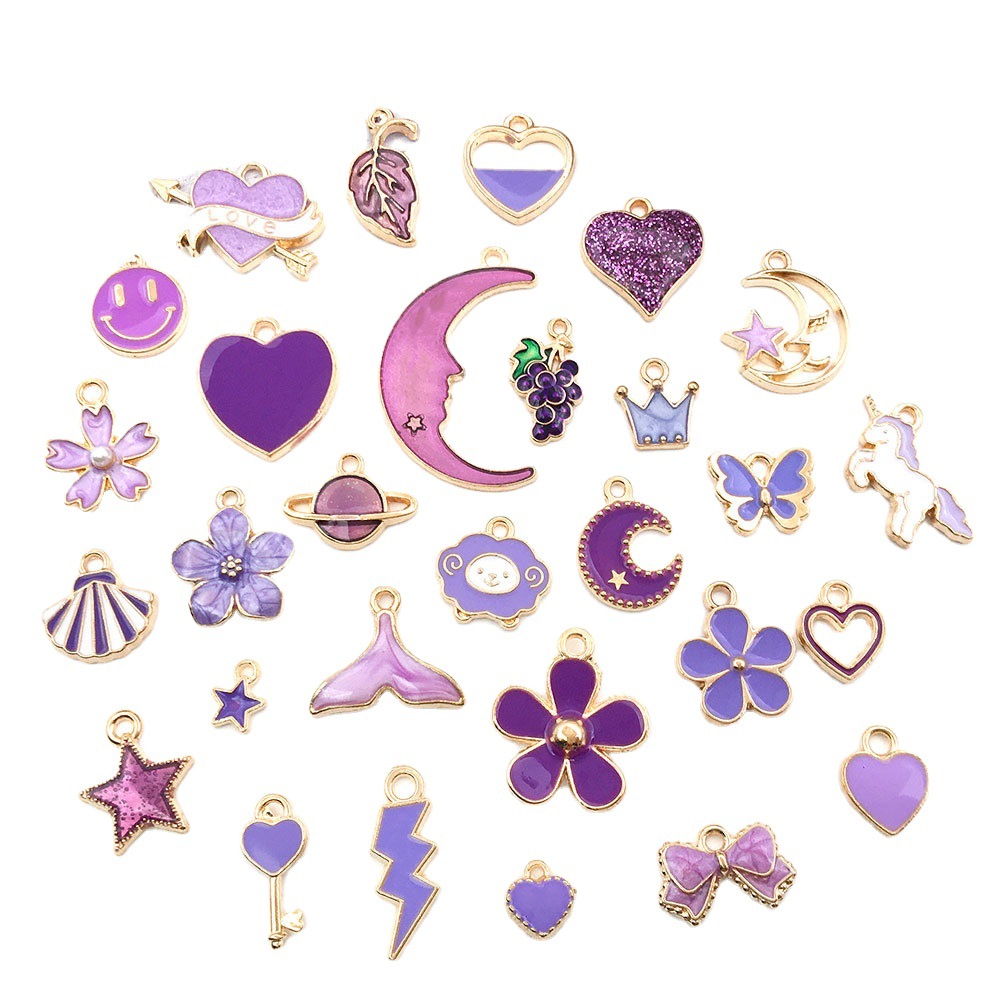 Mixed 30 Purple Series Alloy Drop Oil Pendant Lightning Flower Love Grape Fashion DIY Ornament Accessories