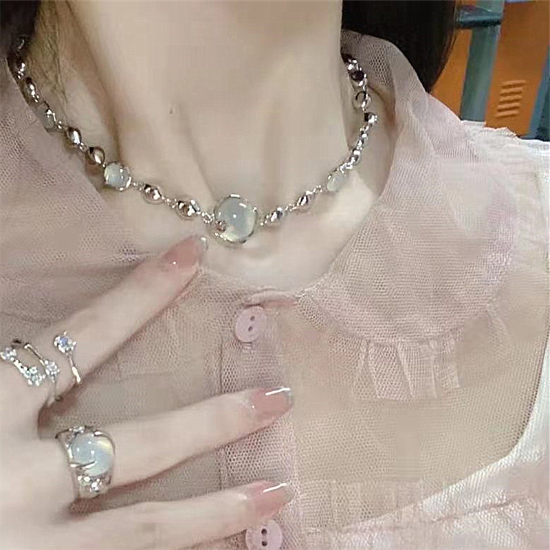 Stainless Steel White Moonlight Necklace Opal Stitching Chain Necklace Light Luxury Minority Design Sense Necklace Summer