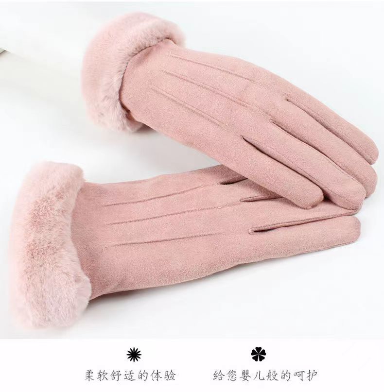 Women's Riding Gloves Autumn and Winter Cold-Proof Outdoor Cute Suede Student Fleece-lined Windproof Touch Screen Warm Wholesale