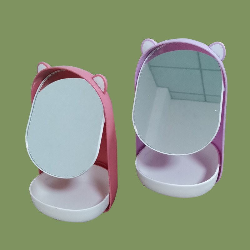 Desktop Makeup Mirror Storage Box Integrated Network Red Bear Holding Girl Dormitory Desktop Girl Dressing Mirror Princess Mirror