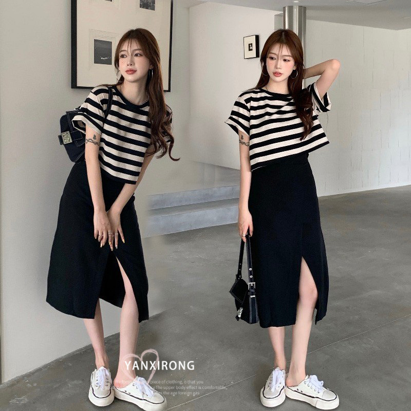 Striped Short-Sleeved T-shirt Women's Skirt Two-Piece Summer 2023 New Stylish Hong Kong Style Lightly Mature Chanel Suit