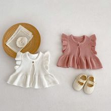 2023春装婴幼儿童女宝宝毛线衣针织镂空飞袖纯色马甲开衫外套百搭