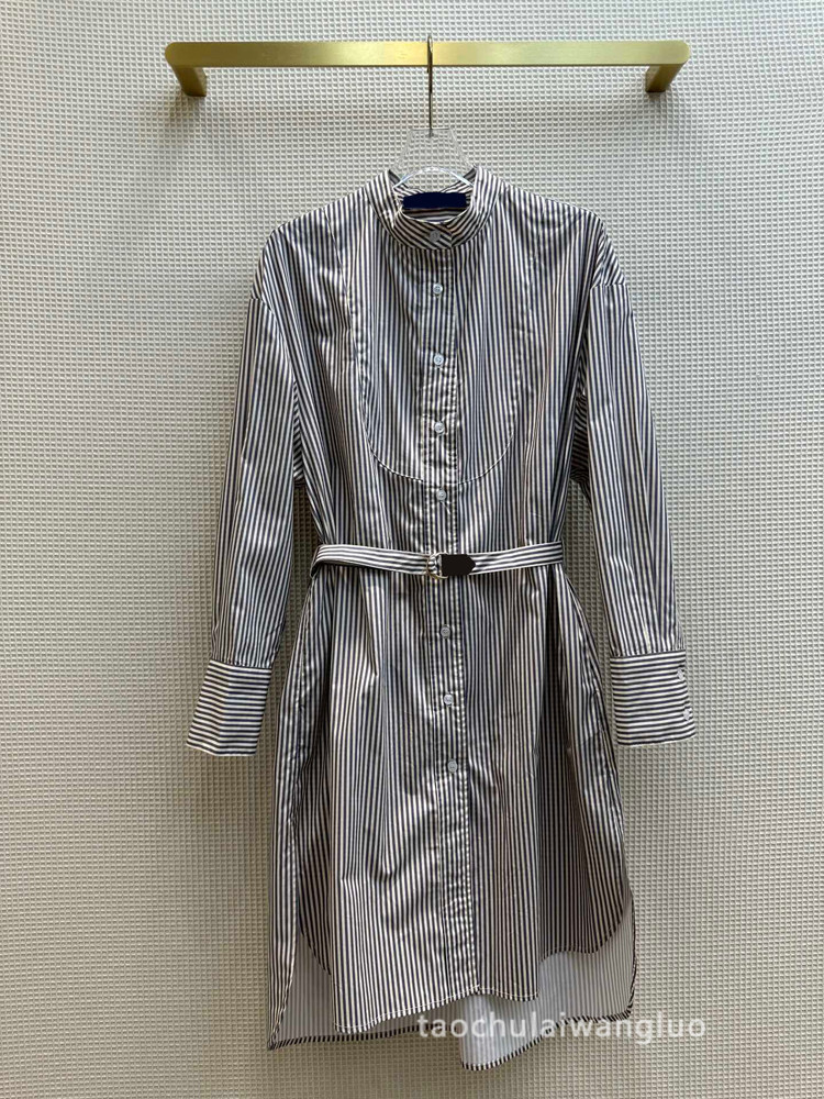 cl61936 条纹衬衫裙休闲风慵懒随性宽松收腰中长款不规则连衣裙