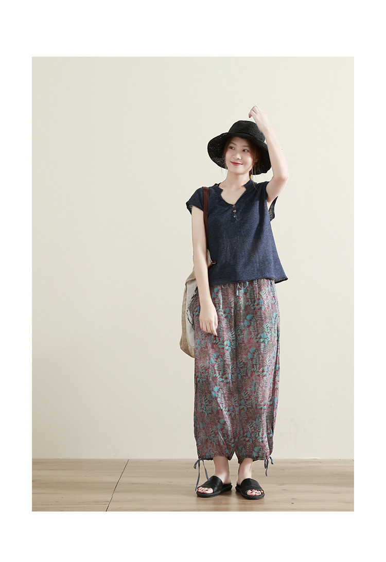 春夏季新款天丝亚麻清凉透气女v领文艺宽松短袖t恤针织衫详情19