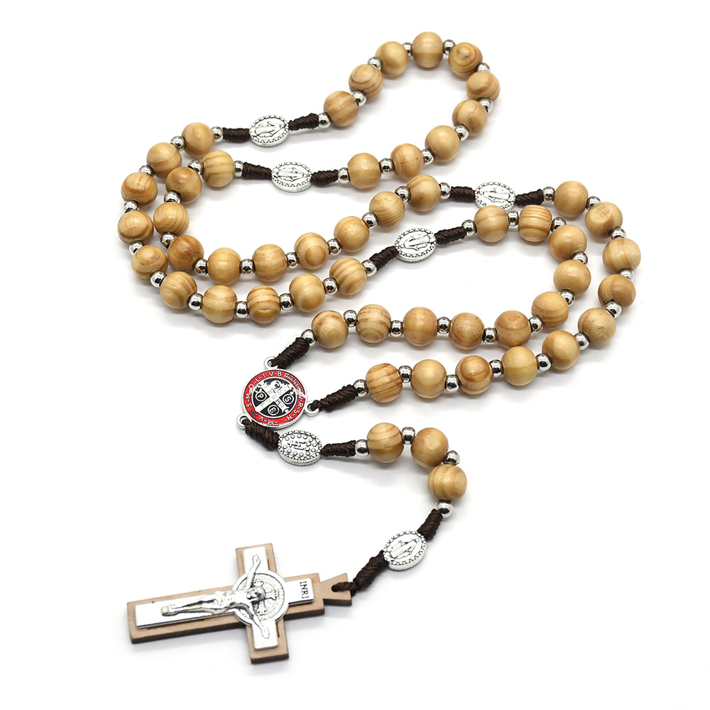 Cross-Border E-Commerce Hot Selling Cross Necklace Hand-Woven Pinewood Beads Beads Prayer Religious Ornament