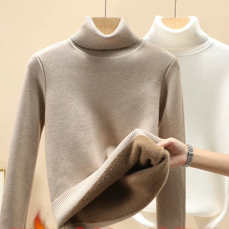 one piece dropshipping autumn and winter new fleece-lined thickened integral velvet turtleneck sweater women‘s soft glutinous inner wear base sweater