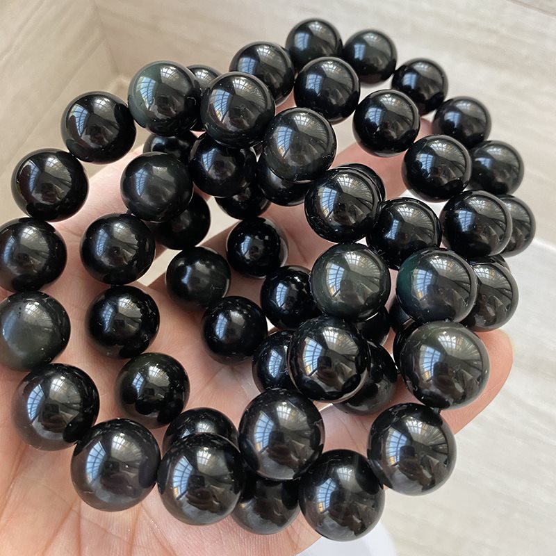 天然彩虹眼黑曜石手链本命年饰品男女款情侣礼物常光下黑色-阿里巴巴