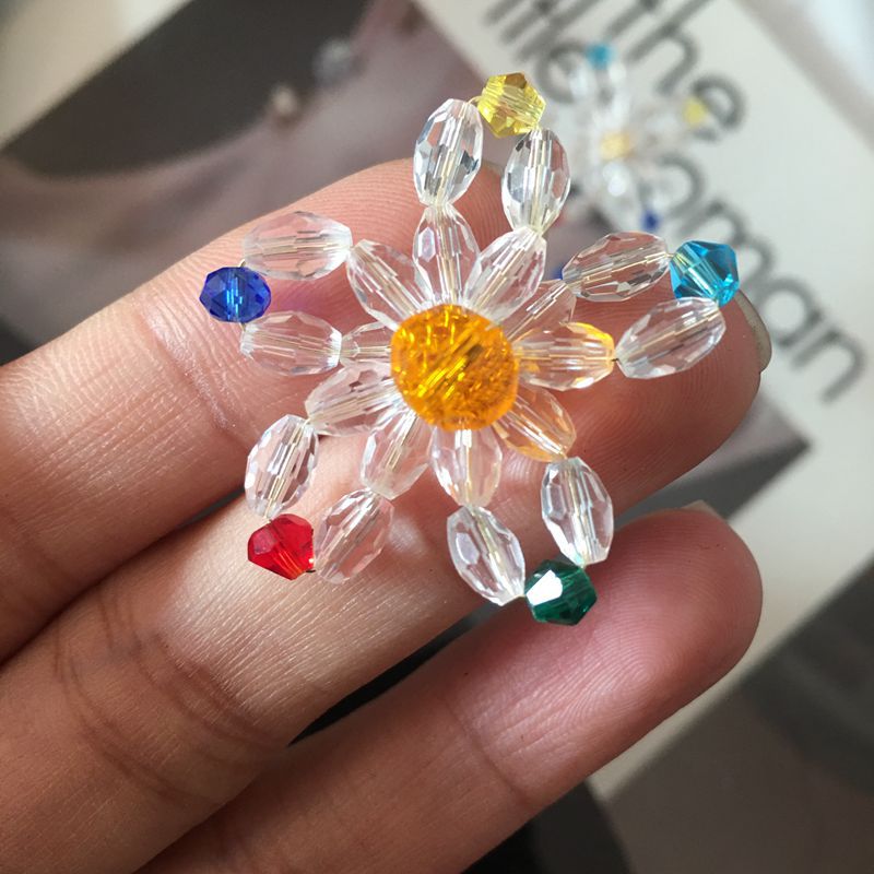 夏日撞色金属扭丝彩色水晶玻璃珠子串珠五瓣花朵耳环发箍饰品配件