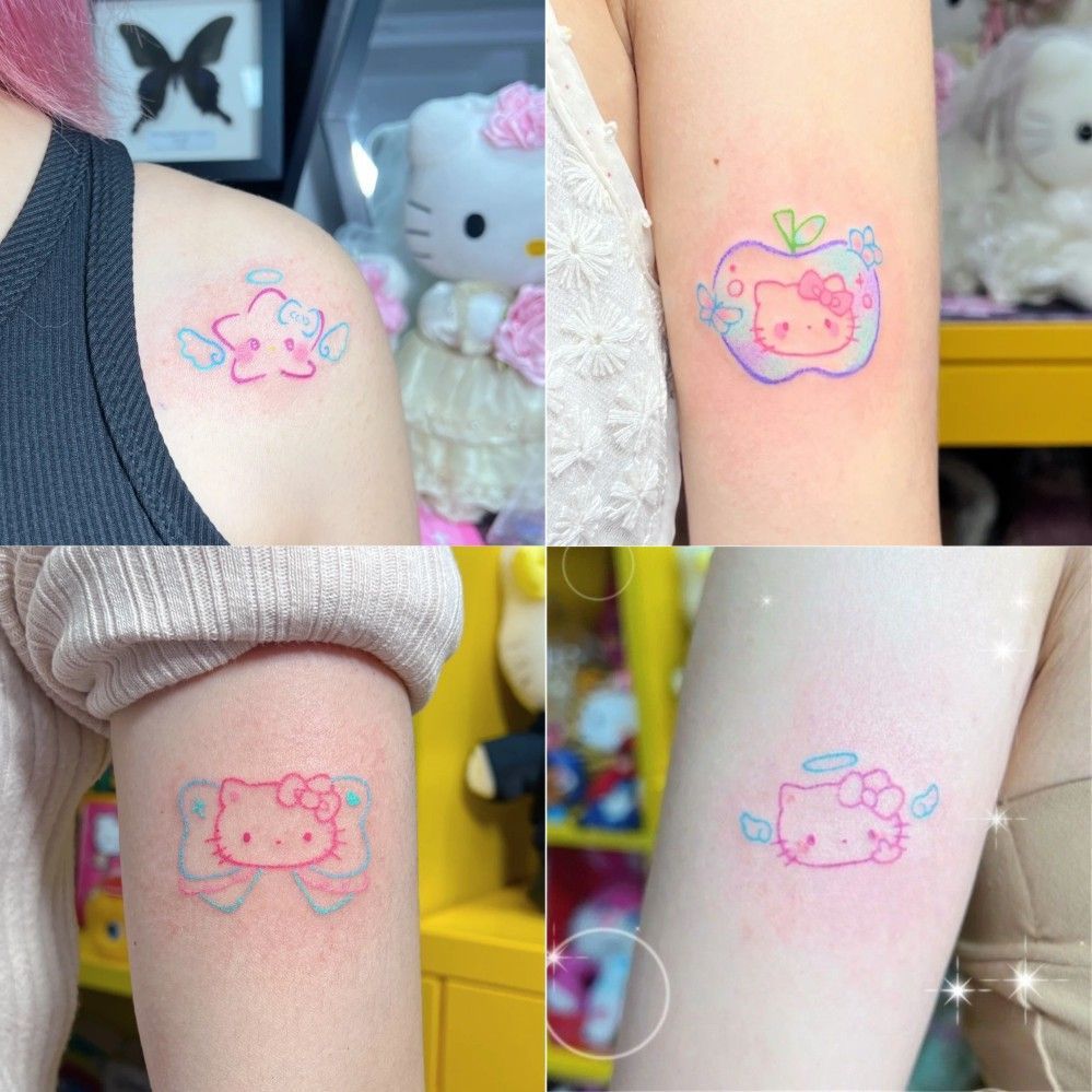 蓝色线条蝴蝶结hellokitty猫纹身贴可爱卡通软萌少女学生手臂可洗