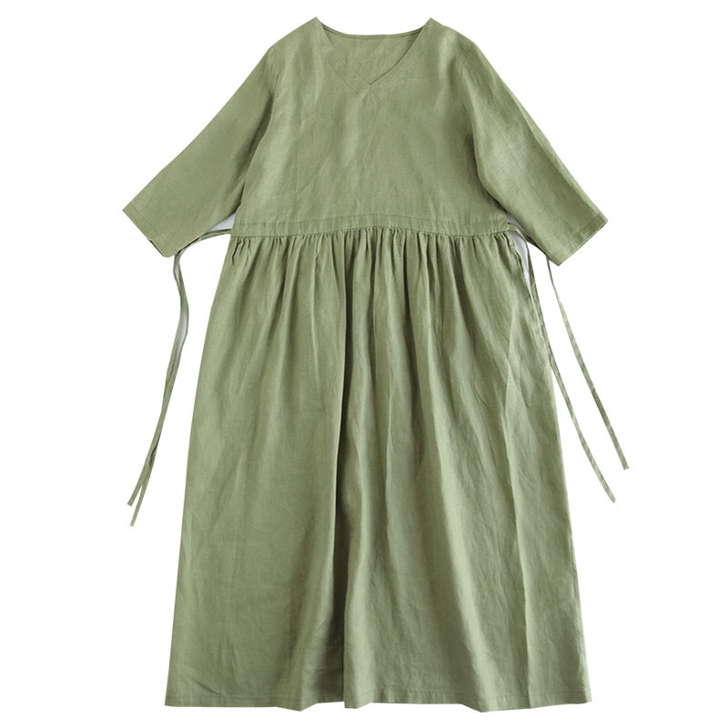 369 薄麻收腰v领连衣裙  亚麻半袖长裙