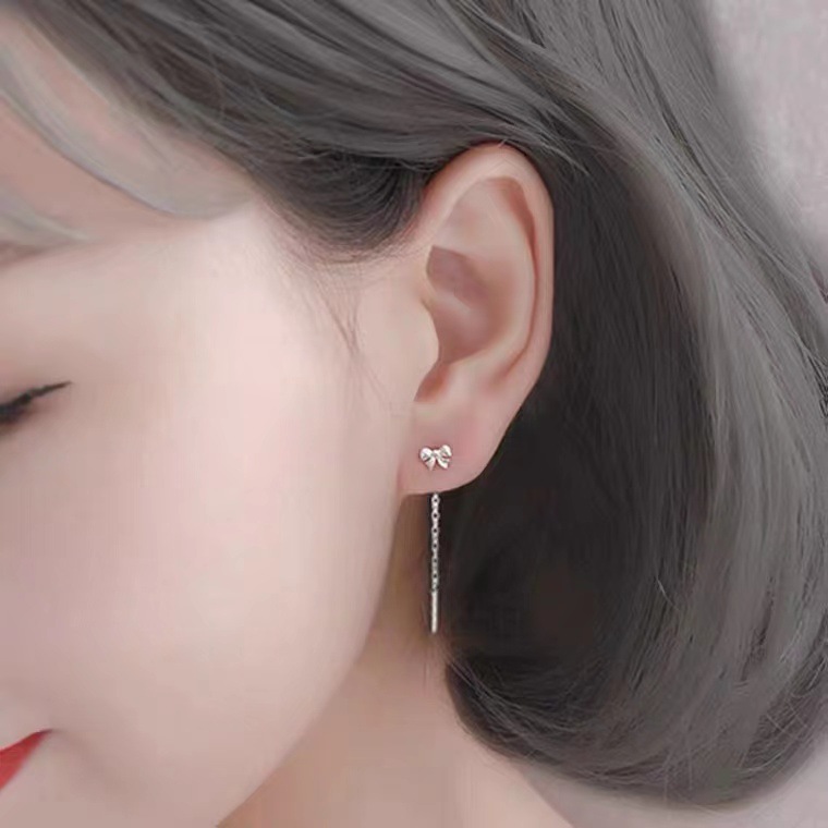 S999 Sterling Silver Bow Hanging Earrings Niche Elegant Tassel Earrings Female Korean Style Light Luxury Ins Style High-Grade Ear Studs