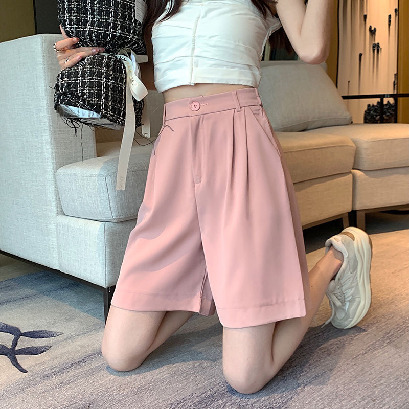 Fruit Green Suit Five-Point Shorts Women's Clothing Summer High Waist 2023 Thin Korean Style Straight Simple Drape Wide Leg Middle Pants Wholesale