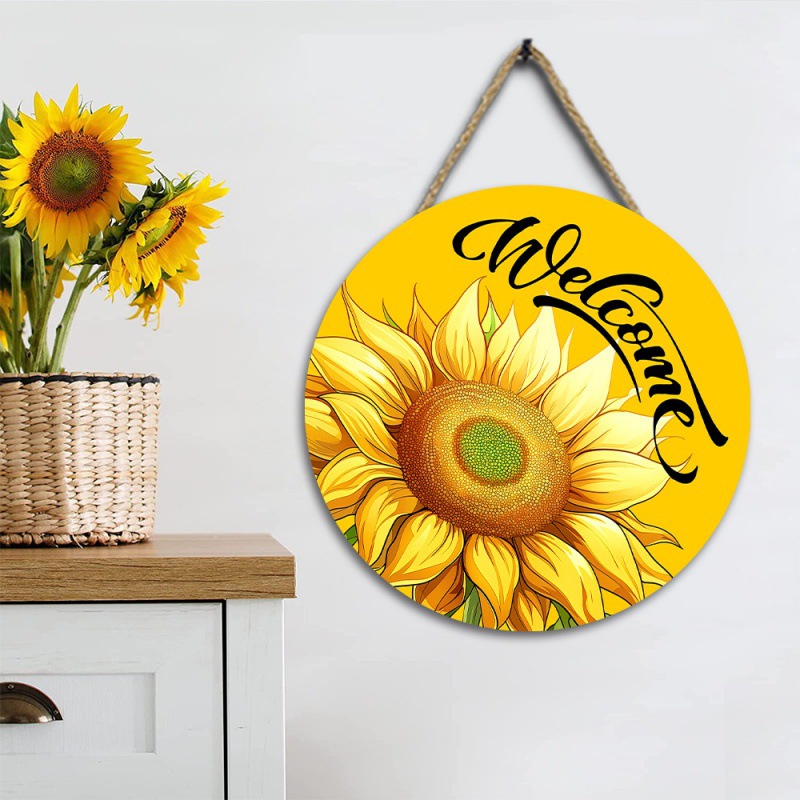 墙饰壁挂夏季太阳花木质挂牌家居装饰大门欢迎welcome圆形木牌