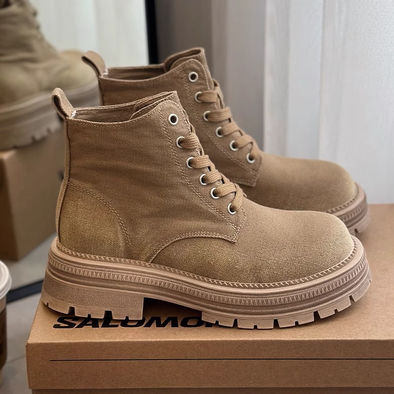 厚底粗跟帆布马丁靴女靴2024新款休闲透气短靴英伦风系带机车靴女