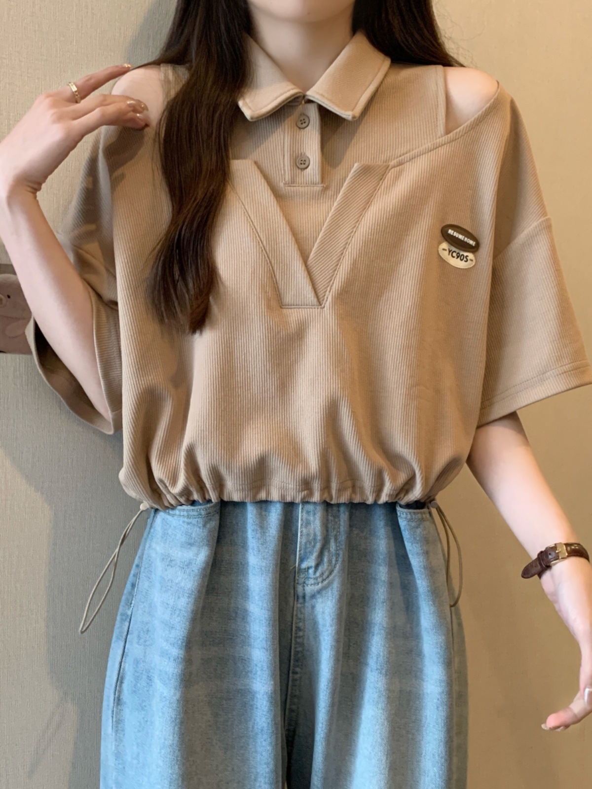 院风polo领短袖t恤女夏季大码胖mm抽绳别致小衫假两件露肩上衣