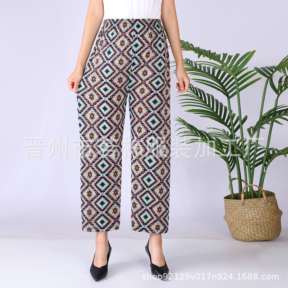 Summer Factory Direct Sales Cool Ice Silk Women's Pants Ice Silk Women's Flower Pants Cropped Flower Pants Middle-Aged and Elderly Casual Pants