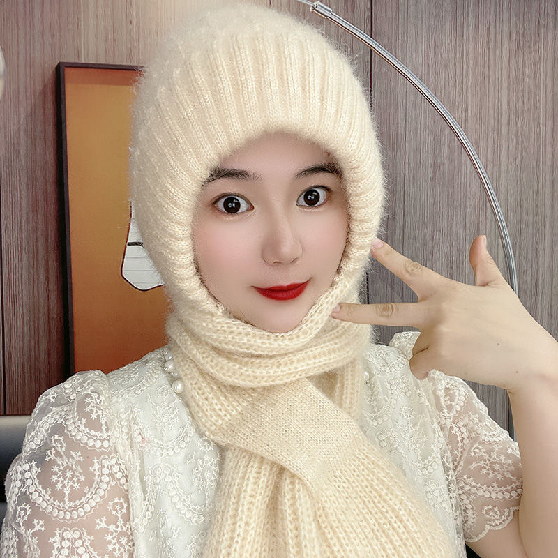 Hat Female Autumn and Winter Squirrel-Velvet Hat Scarf Integrated Snow Hat Fleece-Lined Woolen Hat Buckle Knitted Earflaps Cap