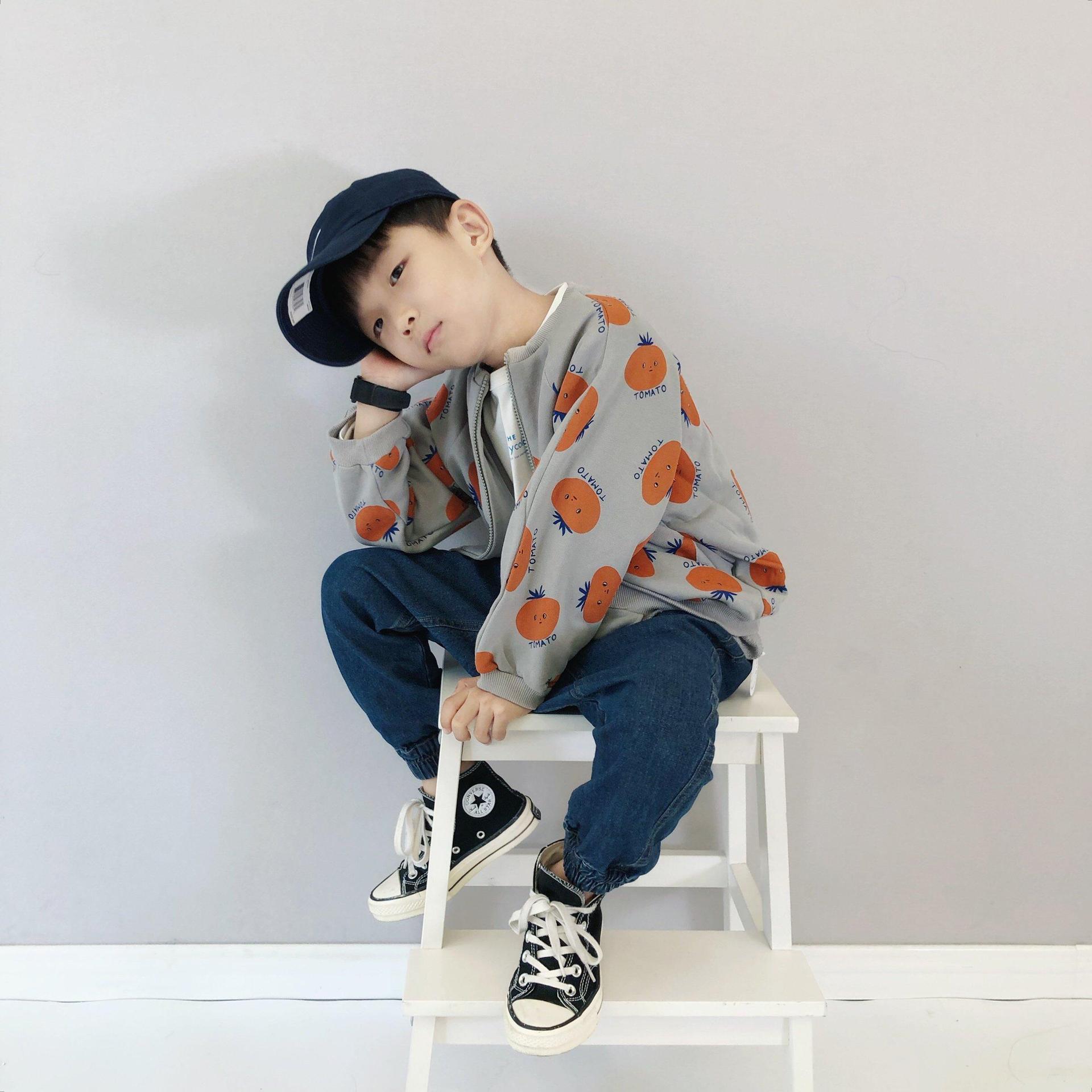 儿童外套202秋季新款男宝宝上衣番茄印花毛圈卫衣拉链开衫春秋款