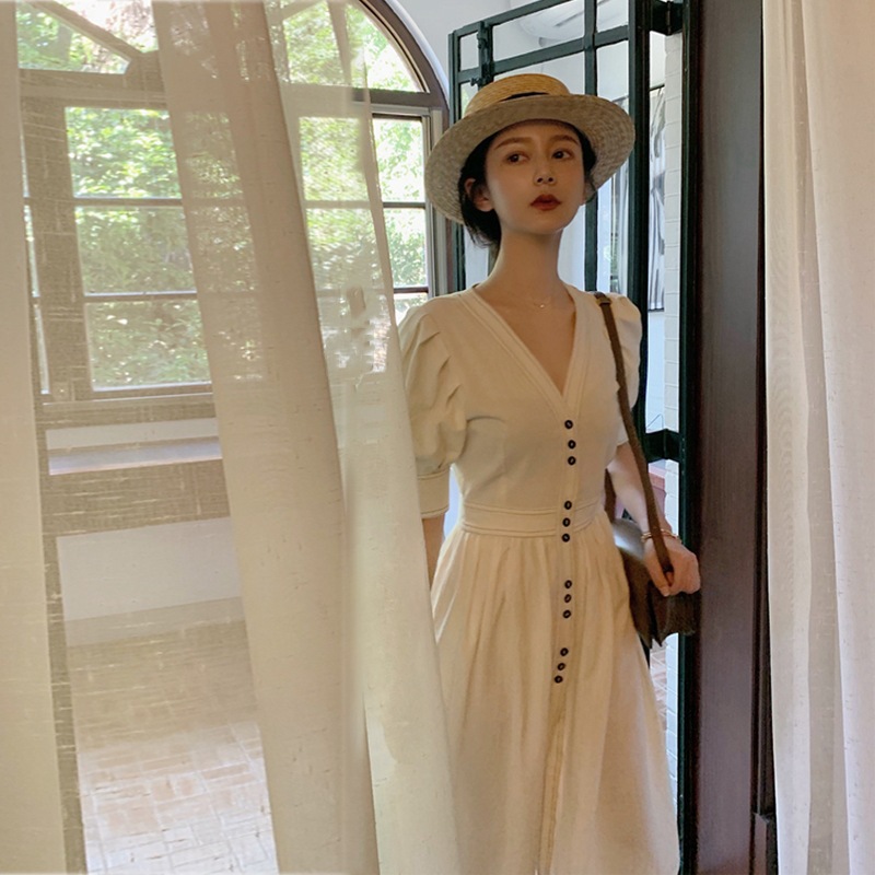 [Rui Da] S23 Dress Women's Summer New High Waist Lantern Sleeve White V-neck Temperament Waist-Controlled French Dress
