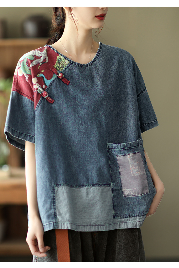 拼接牛仔短袖上衣