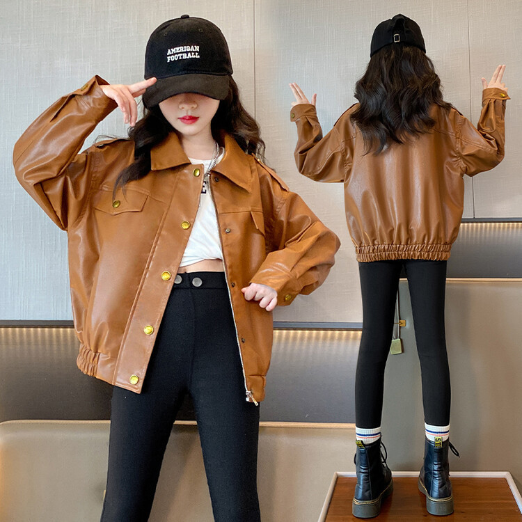 韩国童装女童皮衣外套时髦上衣夹克儿童秋装短款开衫外贸跨境代发