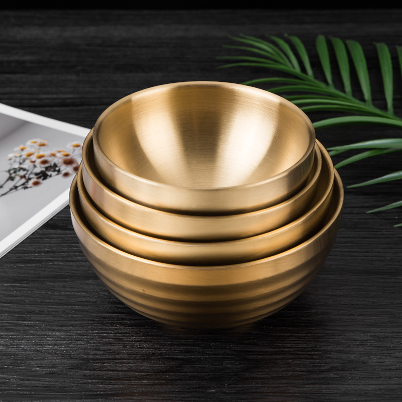 Hz473 Korean 304 Stainless Steel Double-Layer Bowl Children's Bowl Instant Noodle Bowl Gold Plated Bowl Threaded Bowl Creative Rice Bowl