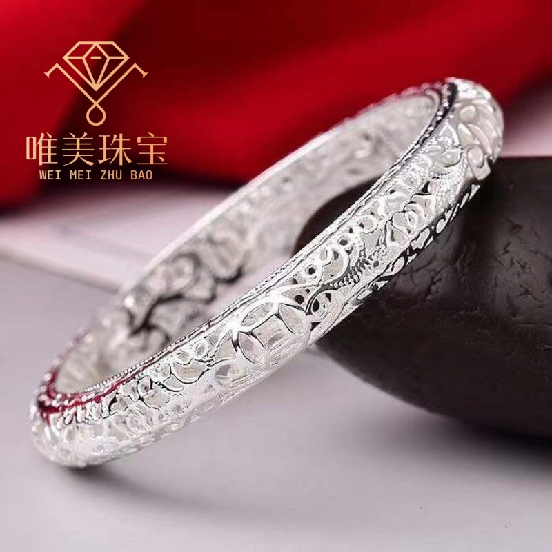 国潮风手镯女9999足银手环镂空雕花钱币福禄寿妈妈纯银镂空银手镯