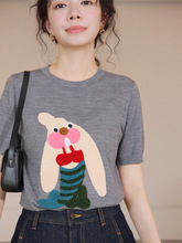 夏季新款卡通兔子圆领羊毛针织衫女韩版时尚减龄短袖T恤上衣批发