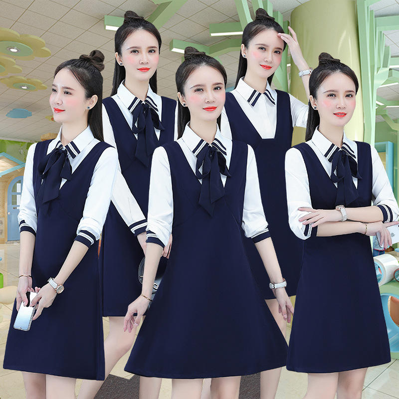 幼师长袖连衣裙女职业套装幼儿园老师表演女裙面试工作服女装套裙