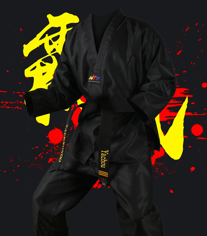 教练服黑色跆拳道服成人示范专业跆拳道道服男女师范服大师服网格