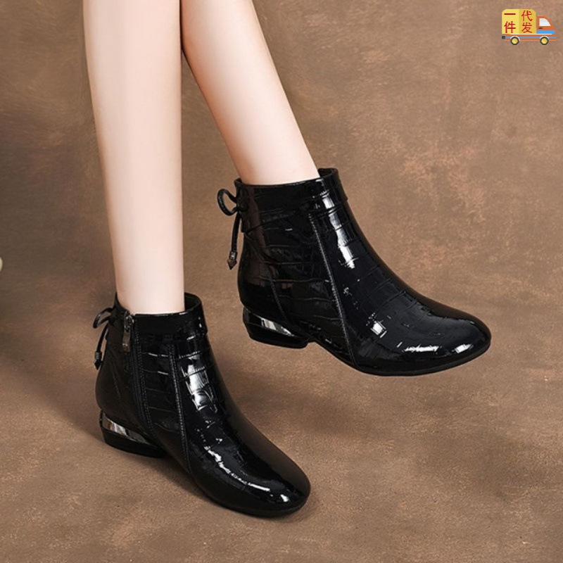 漆皮小短靴2022年春秋新款加绒皮短筒马丁靴低跟粗跟软皮女靴跨境