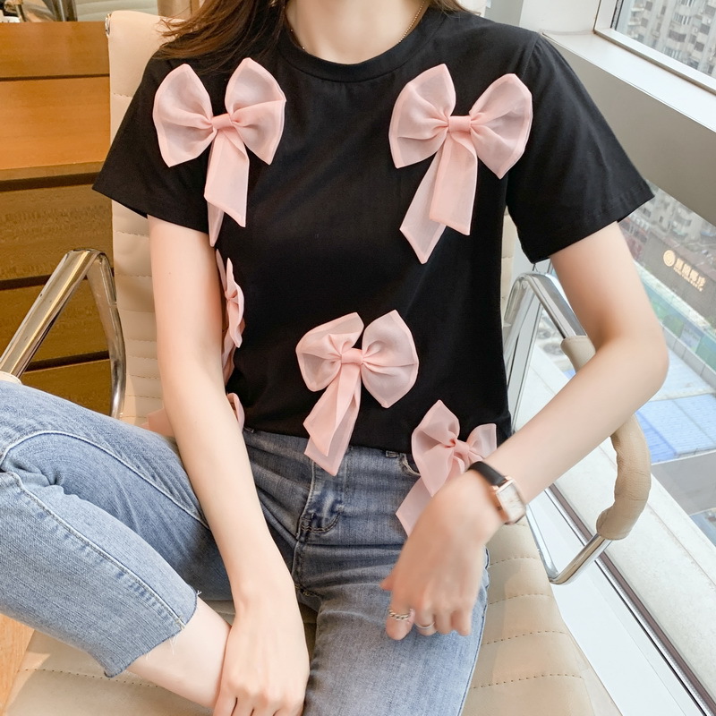 蝴蝶结拼接设计感宽松短袖t恤女2021夏装新品减龄百搭半袖上衣潮