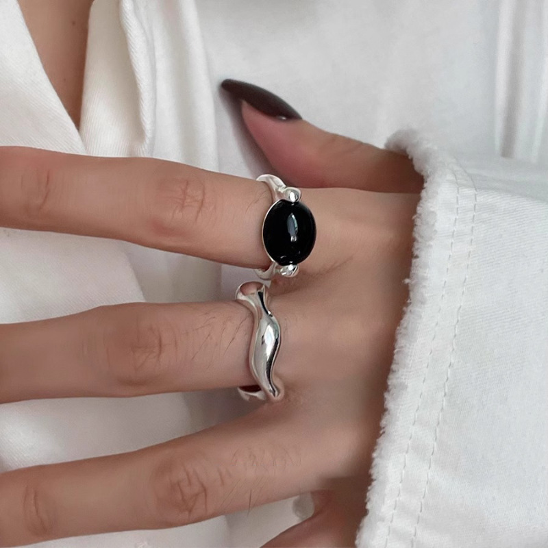 high-end niche three-dimensional black agate ring simple and stylish personality cold wind forefinger ring cross-border ring for women