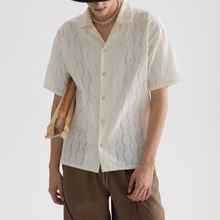 镂空色白衬衫男古巴领设计感小众短袖衬衣日系新款复古流行百搭