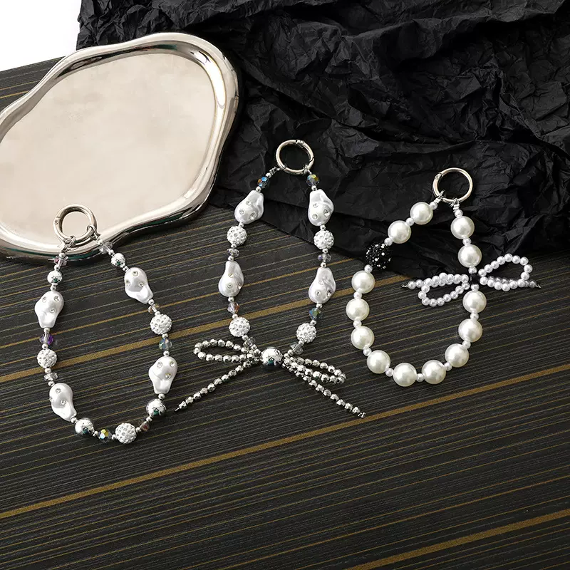 弋恋新款异形珍珠蝴蝶结挂件手机壳钥匙扣挂饰百搭防摔链条饰品女