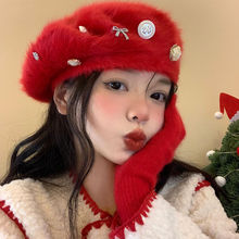 圣诞新年兔毛贝雷帽女冬季红色蓓蕾画家帽韩版显脸小保暖毛绒帽子
